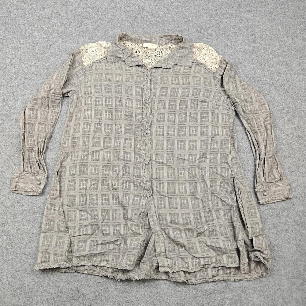 Ryu Dress Womens S Gray Check Crochet Lace Shirt Dress Long Sleeve Boho Tunic